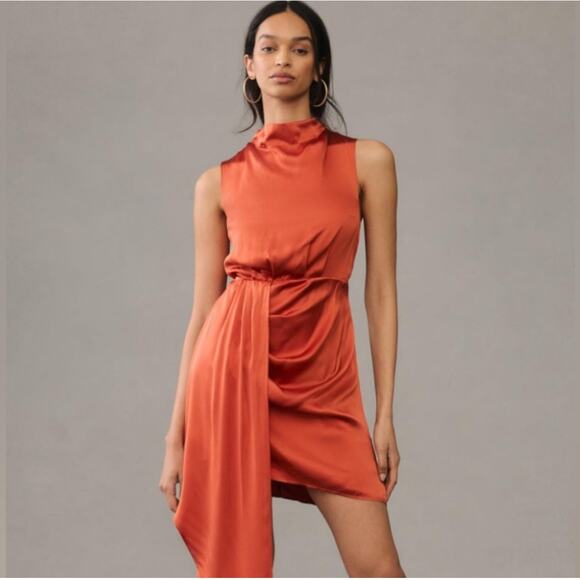 By Anthropologie Mock-Neck Draped Silk Dress Paprika Size 10 - Picture 1 of 11